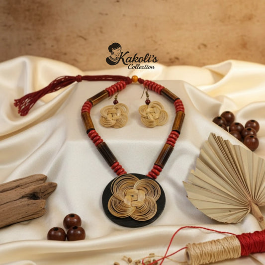 Crimson Knot Cane and Bamboo Jewellery Set