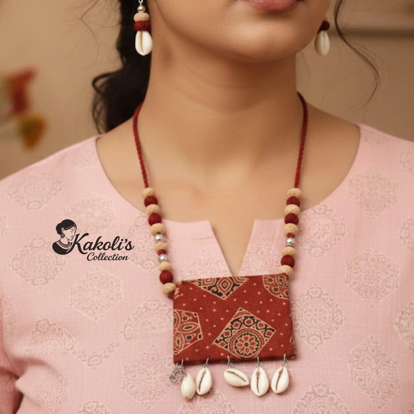 Ajrakh Tide Shell Fabric Jewellery Set