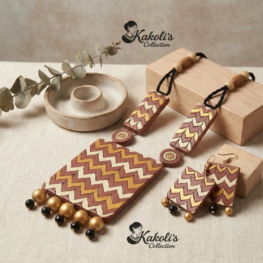 Zigzag Square Rhythm Terracotta Necklace & Earrings Set