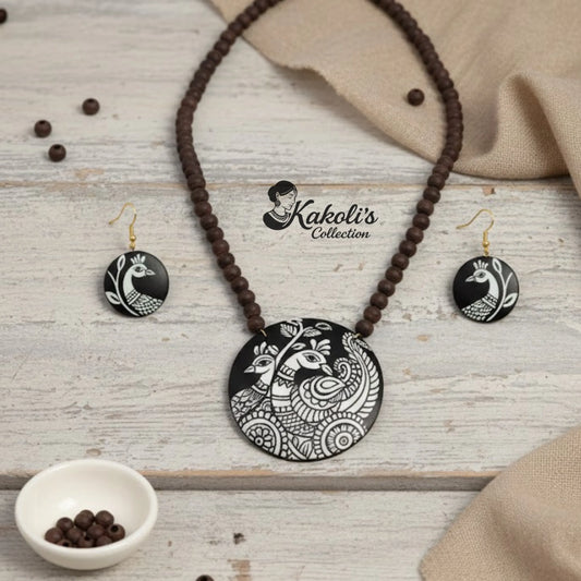 Midnight Monochromatic Peacock - Terracotta Necklace & Earring Set
