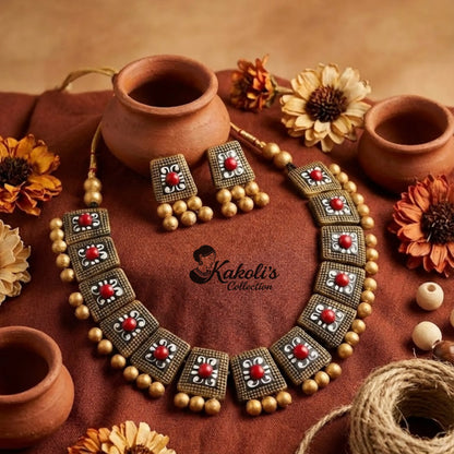 Rustic Square Bloom Terracotta Necklace & Earrings Set