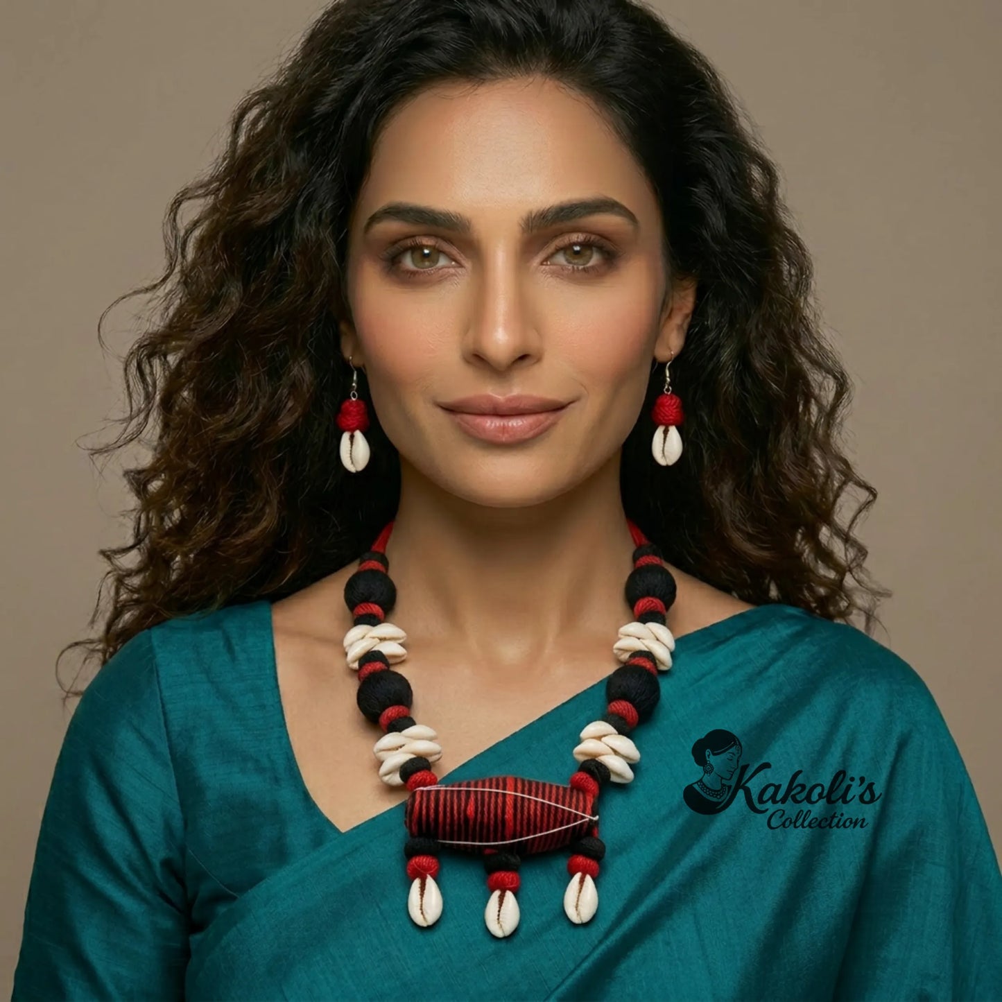 Scarlet Harmony Handcrafted Fabric Dhol & Cowrie Jewelry Set
