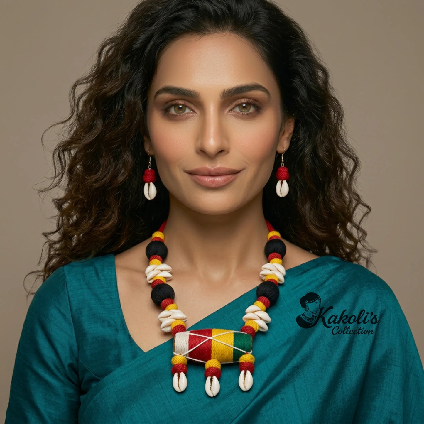 Scarlet Harmony Handcrafted Fabric Dhol & Cowrie Jewelry Set