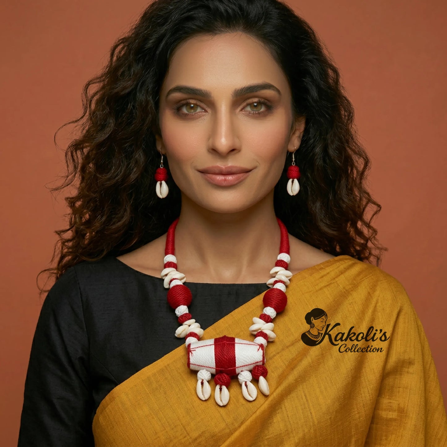 Scarlet Harmony Handcrafted Fabric Dhol & Cowrie Jewelry Set
