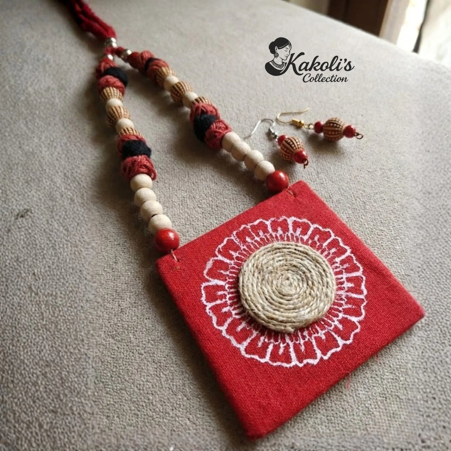 Lotus Mandala Fabric & Jute Necklace Set