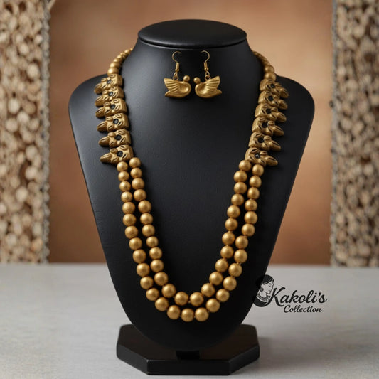 Golden Avian Elegance Handcrafted Terracotta Mala Set