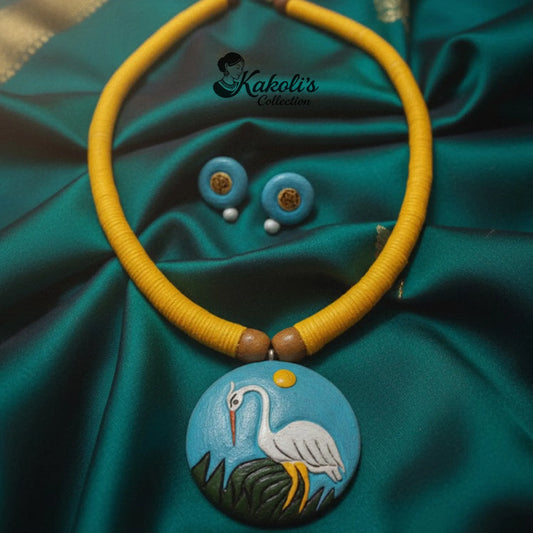 Serene Crane Hand-Painted Terracotta Necklace & Earrings Set