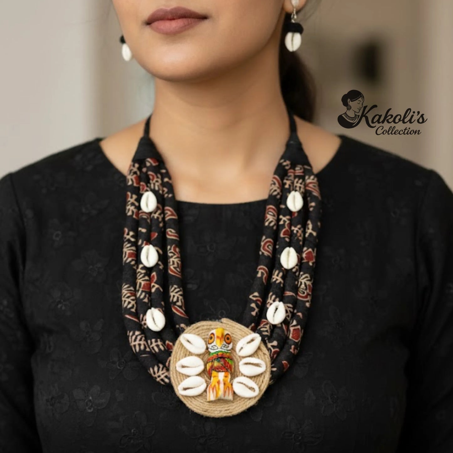 Tribal Owl Cowrie Fabric Necklace Set