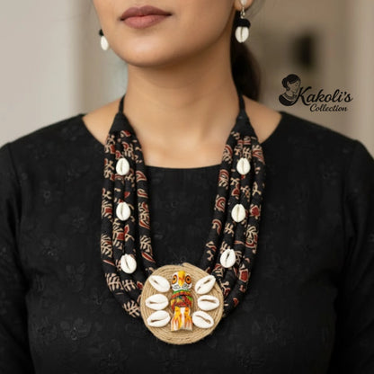 Tribal Owl Cowrie Fabric Necklace Set