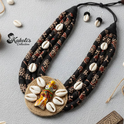 Tribal Owl Cowrie Fabric Necklace Set