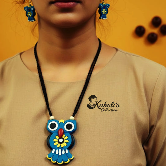 Mystic Night Owl Terracotta Necklace & Earrings Set
