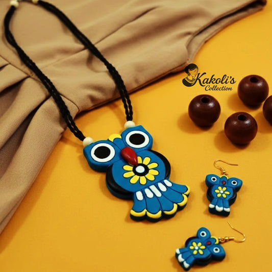 Mystic Night Owl Terracotta Necklace & Earrings Set