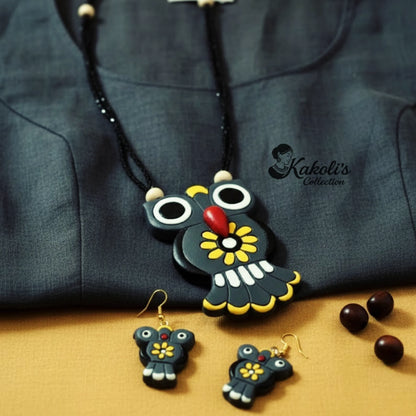 Mystic Night Owl Terracotta Necklace & Earrings Set