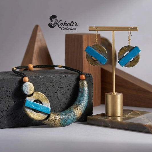 Rustic Crescent Terracotta Necklace & Earrings Set