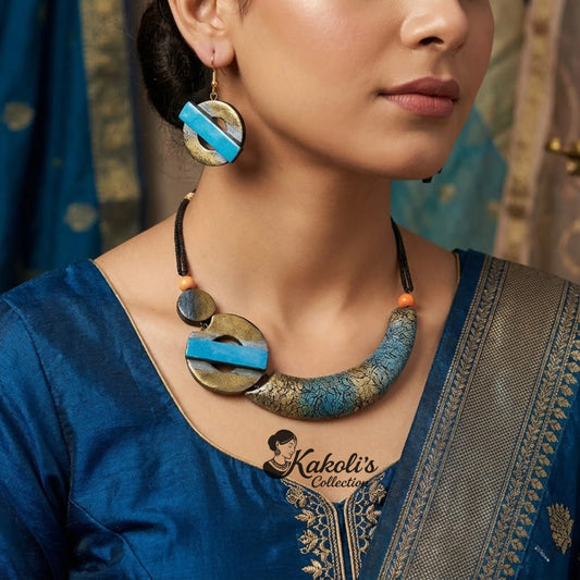 Rustic Crescent Terracotta Necklace & Earrings Set