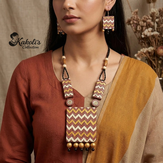 Zigzag Square Rhythm Terracotta Necklace & Earrings Set