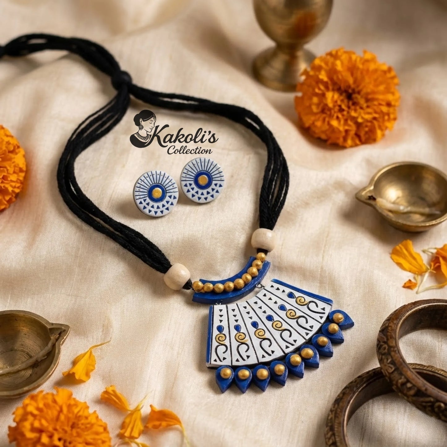 Indigo Cascade Terracotta Necklace & Studs Set