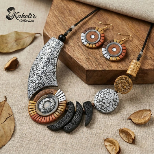 Cosmic Fragments Terracotta Necklace & Earrings Set