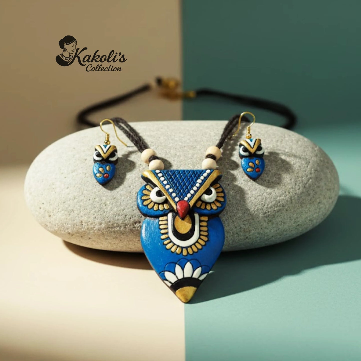 Regal Owl Shield Terracotta Necklace & Earrings Set