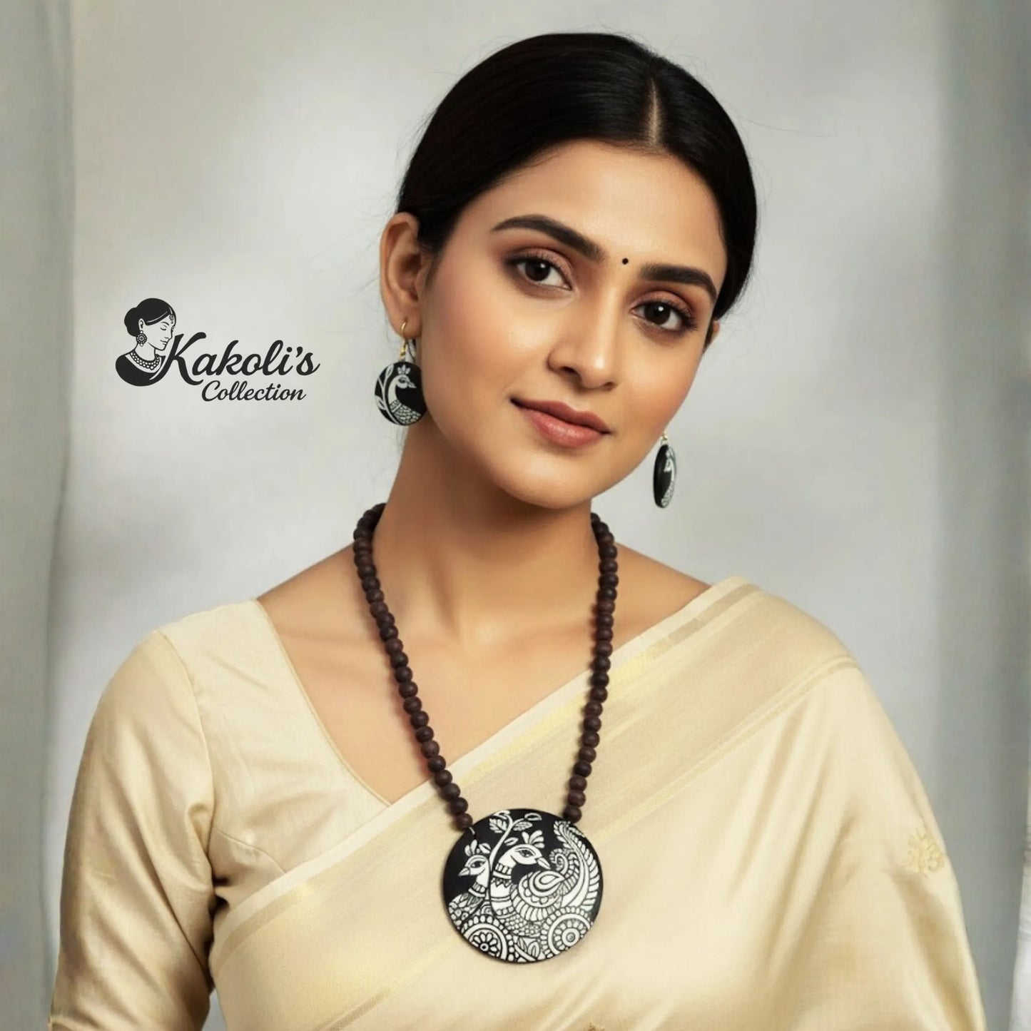 Midnight Monochromatic Peacock - Terracotta Necklace & Earring Set