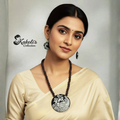 Midnight Monochromatic Peacock - Terracotta Necklace & Earring Set