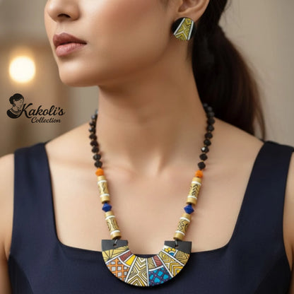 The Mosaic Crescent- Tribal Fusion Terracotta Necklace & Earring Set