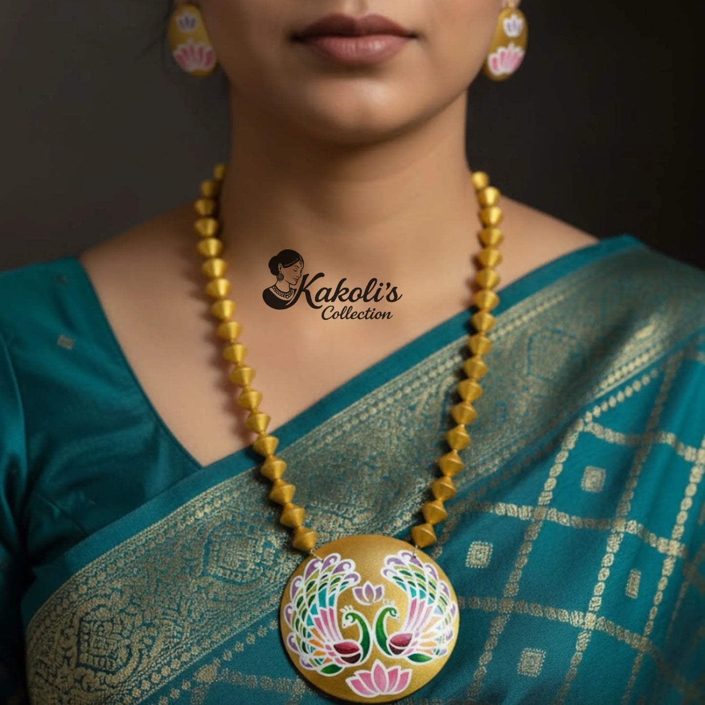 Vrindavan Golden Lotus & Peacock Terracotta Necklace & Earring Set