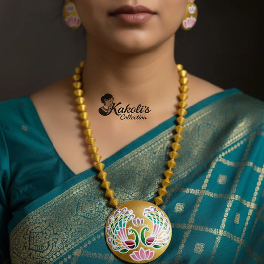 Vrindavan Golden Lotus & Peacock Terracotta Necklace & Earring Set