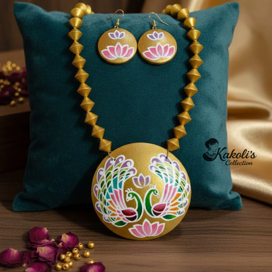 Vrindavan Golden Lotus & Peacock Terracotta Necklace & Earring Set