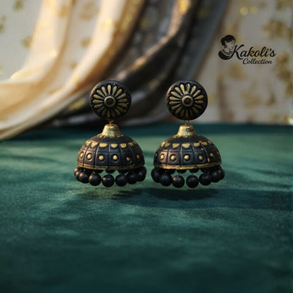 Raga Gold - Handcrafted Black & Gold Terracotta Jhumka Earrings