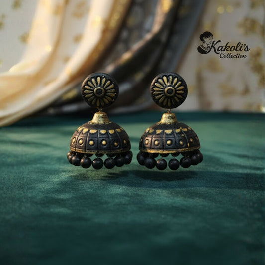 Raga Gold - Handcrafted Black & Gold Terracotta Jhumka Earrings