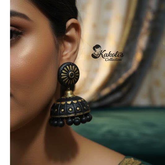 Raga Gold - Handcrafted Black & Gold Terracotta Jhumka Earrings